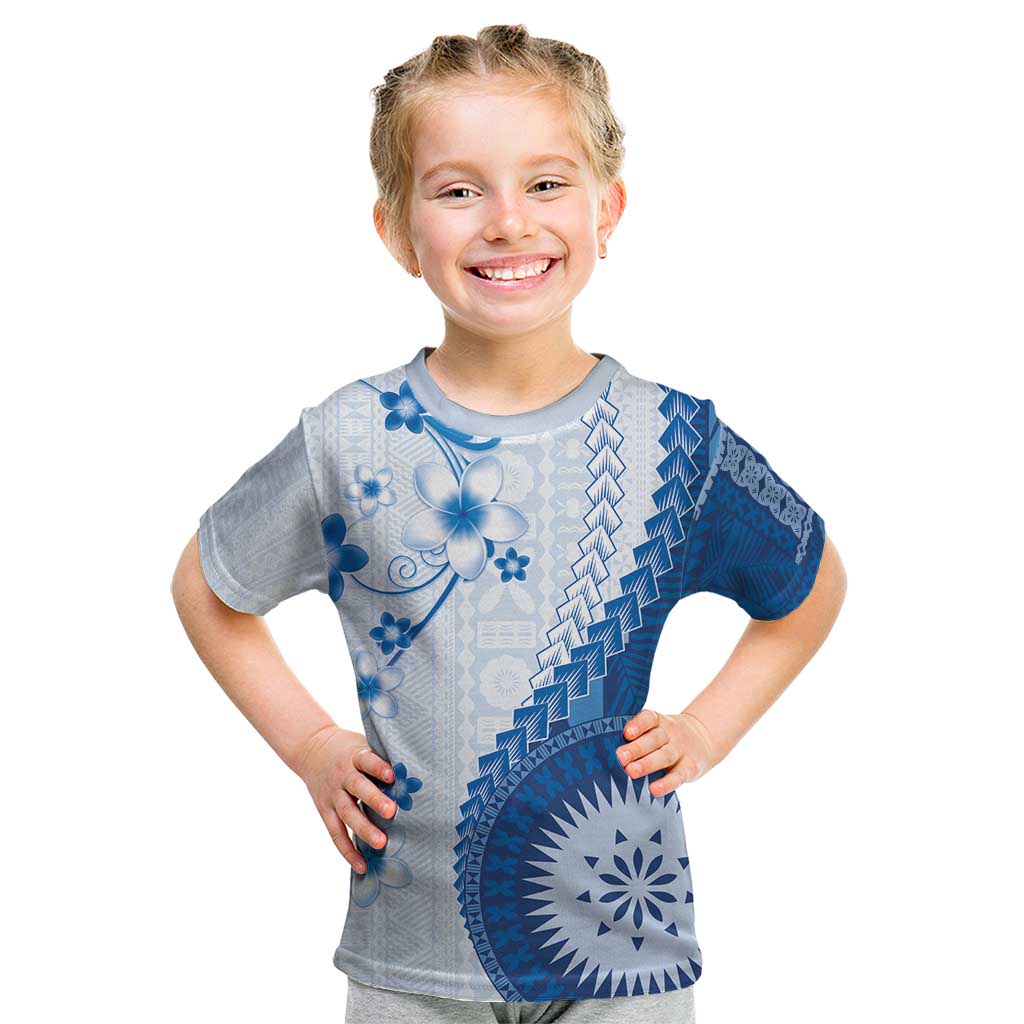 Bula Fiji Kid T Shirt Blue Plumeria Masi Tapa Pattern - Polynesian Pride