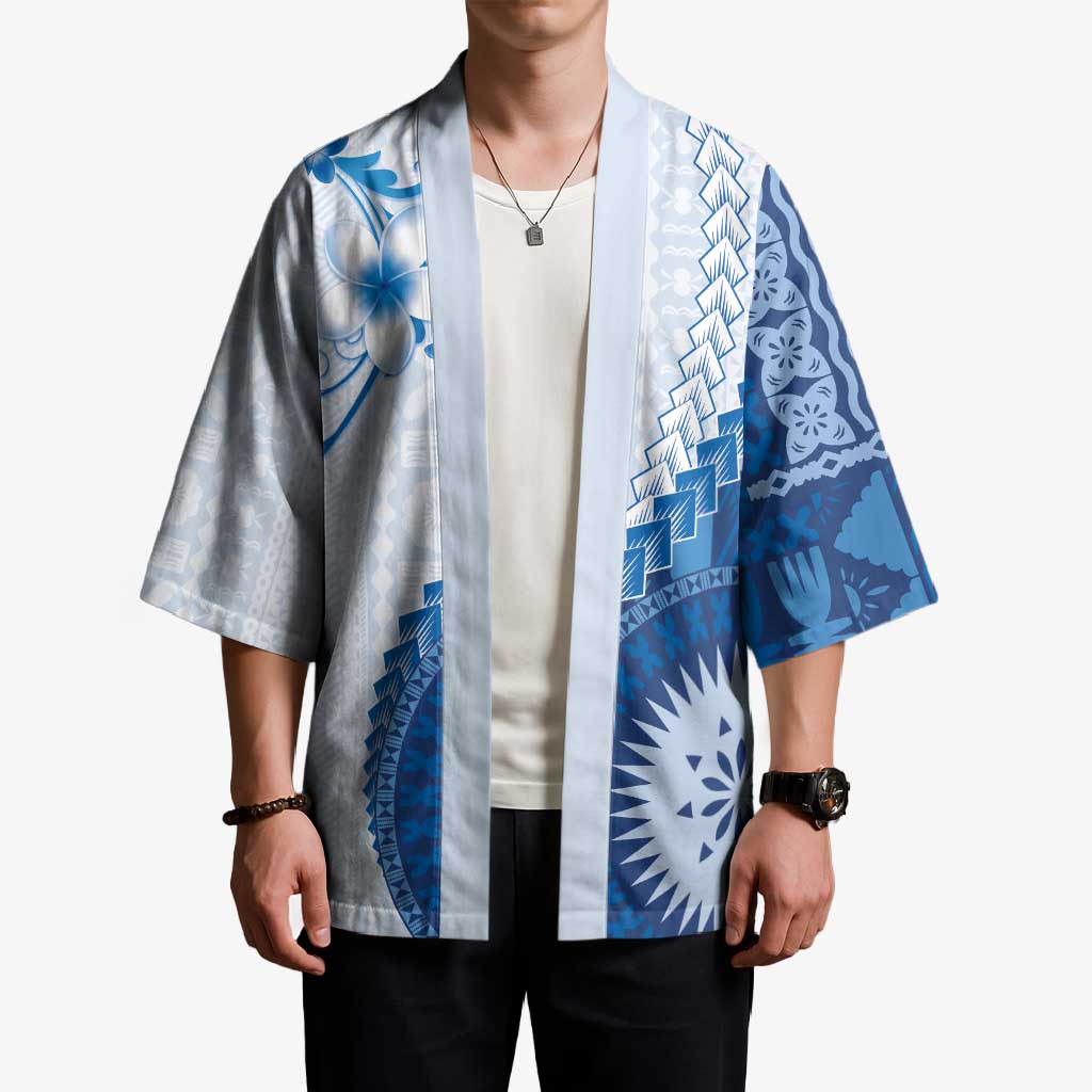 Bula Fiji Kimono Blue Plumeria Masi Tapa Pattern LT05 - Polynesian Pride