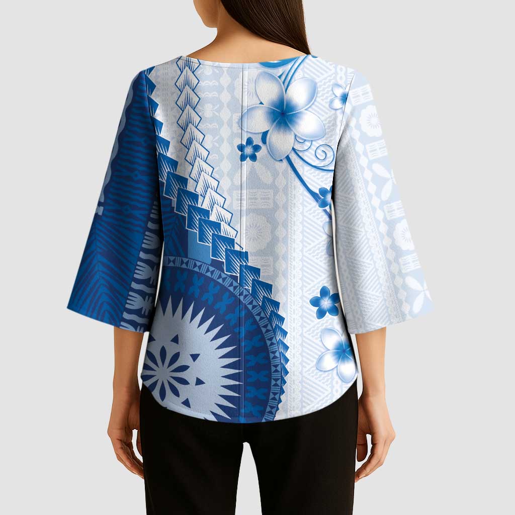 Bula Fiji Kimono Sleeve Blouse Blue Plumeria Masi Tapa Pattern - Polynesian Pride