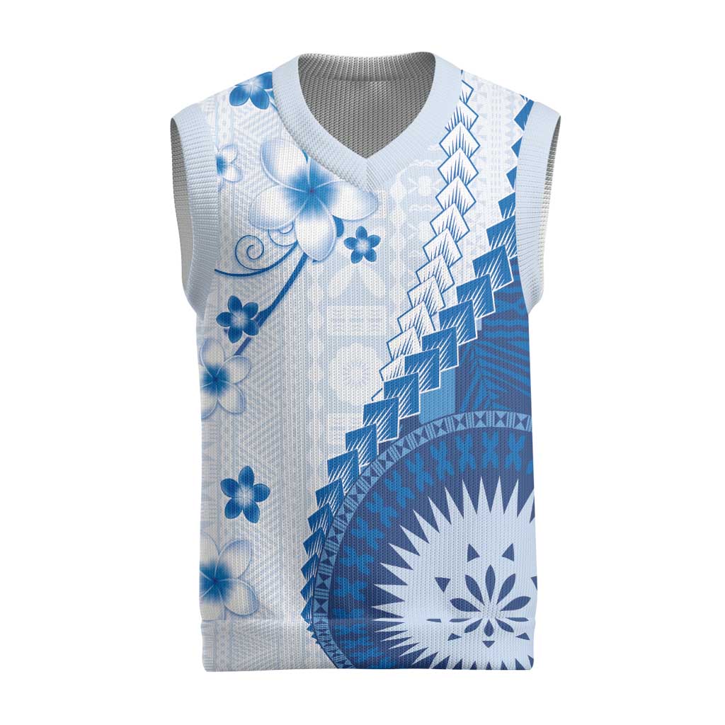 Bula Fiji Christmas Knitted V-Neck Vest Blue Plumeria Masi Tapa Pattern - Polynesian Pride