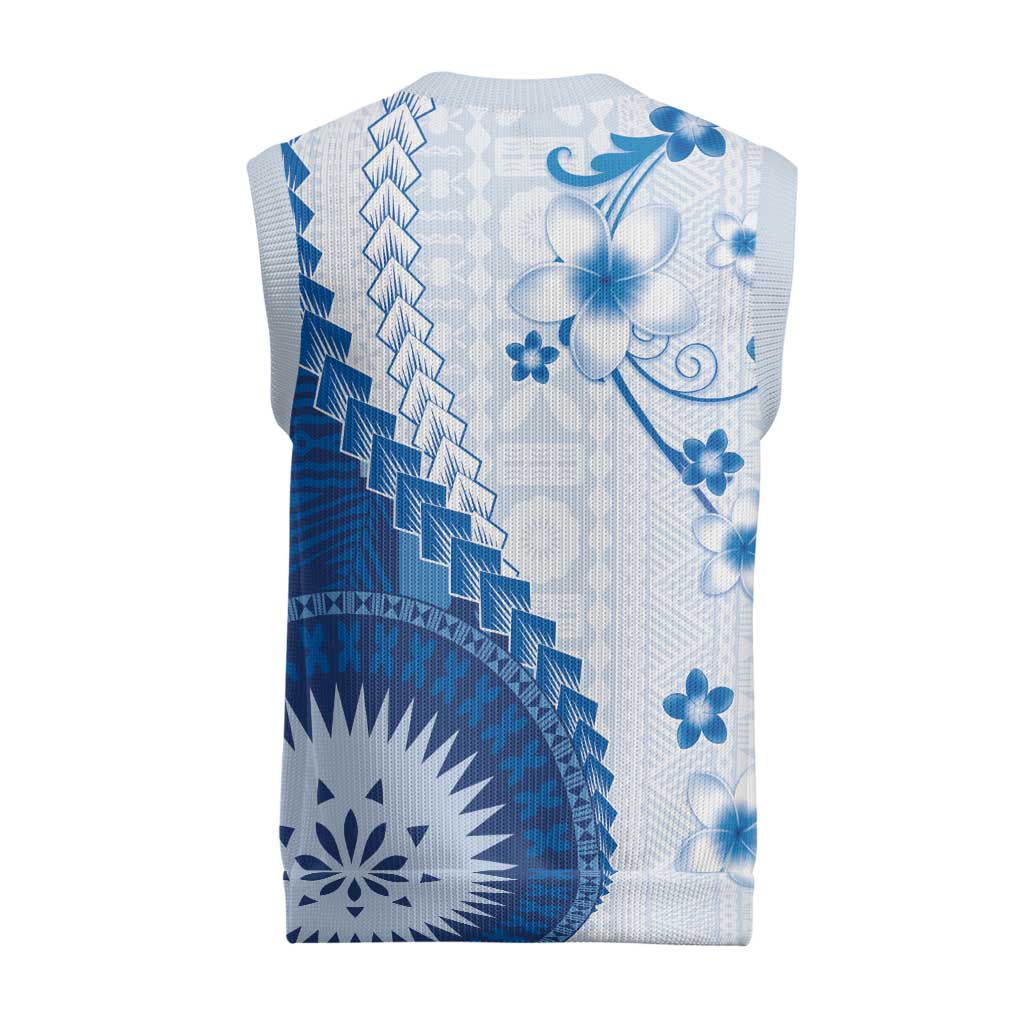 Bula Fiji Christmas Knitted V-Neck Vest Blue Plumeria Masi Tapa Pattern - Polynesian Pride