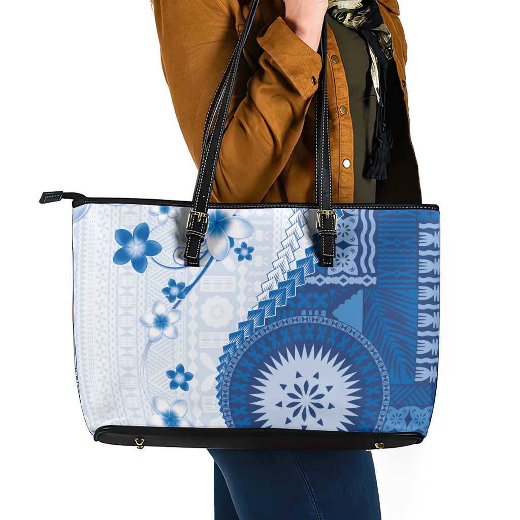 Bula Fiji Leather Tote Bag Blue Plumeria Masi Tapa Pattern - Polynesian Pride
