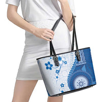 Bula Fiji Leather Tote Bag Blue Plumeria Masi Tapa Pattern - Polynesian Pride