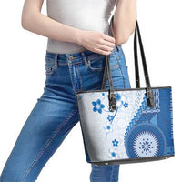 Bula Fiji Leather Tote Bag Blue Plumeria Masi Tapa Pattern - Polynesian Pride