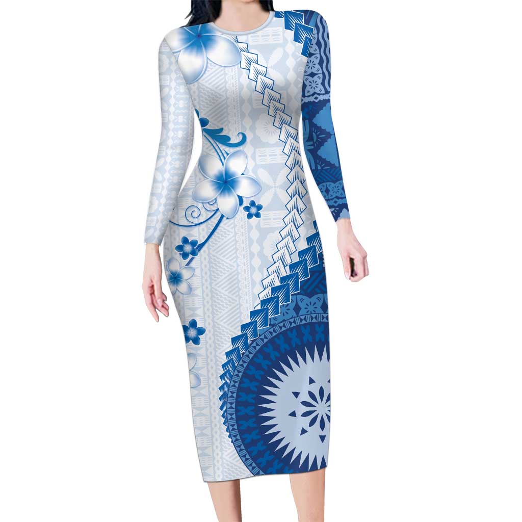 Bula Fiji Long Sleeve Bodycon Dress Blue Plumeria Masi Tapa Pattern LT05 Long Dress Blue - Polynesian Pride