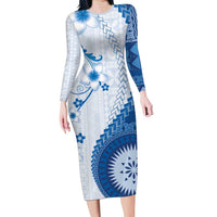 Bula Fiji Long Sleeve Bodycon Dress Blue Plumeria Masi Tapa Pattern LT05 Long Dress Blue - Polynesian Pride