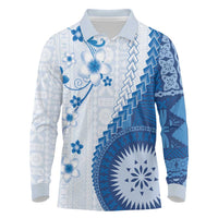 Bula Fiji Long Sleeve Polo Shirt Blue Plumeria Masi Tapa Pattern - Polynesian Pride