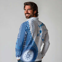 Bula Fiji Long Sleeve Polo Shirt Blue Plumeria Masi Tapa Pattern - Polynesian Pride