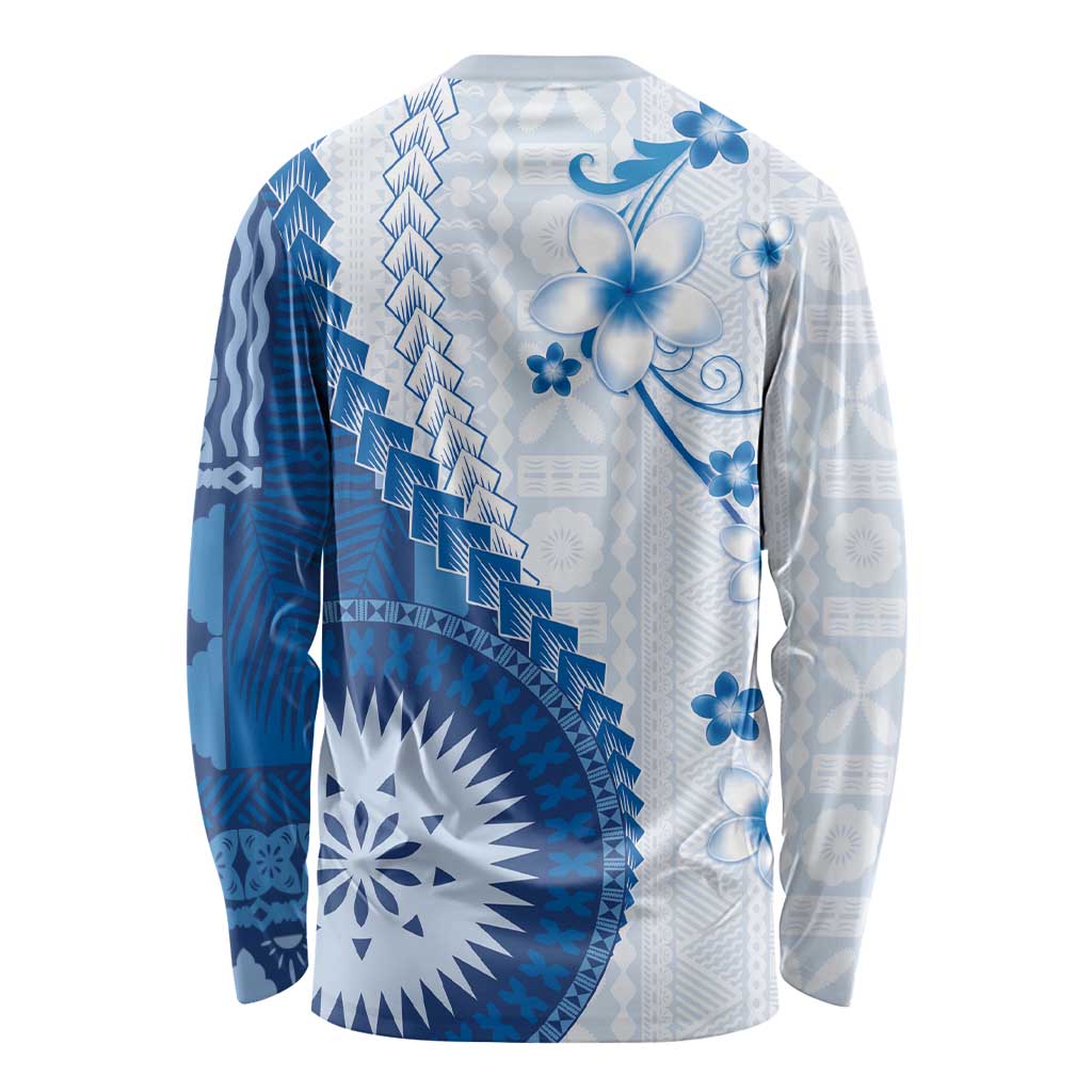 Bula Fiji Long Sleeve Shirt Blue Plumeria Masi Tapa Pattern - Polynesian Pride