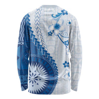 Bula Fiji Long Sleeve Shirt Blue Plumeria Masi Tapa Pattern - Polynesian Pride