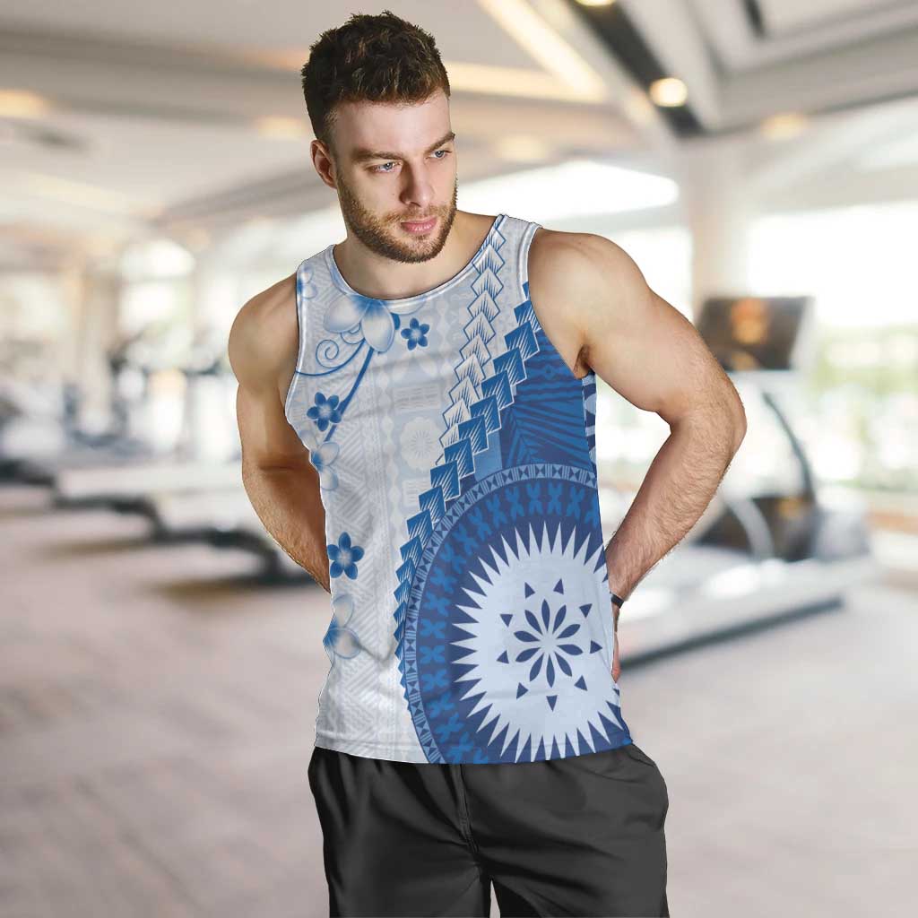 Bula Fiji Men Tank Top Blue Plumeria Masi Tapa Pattern - Polynesian Pride