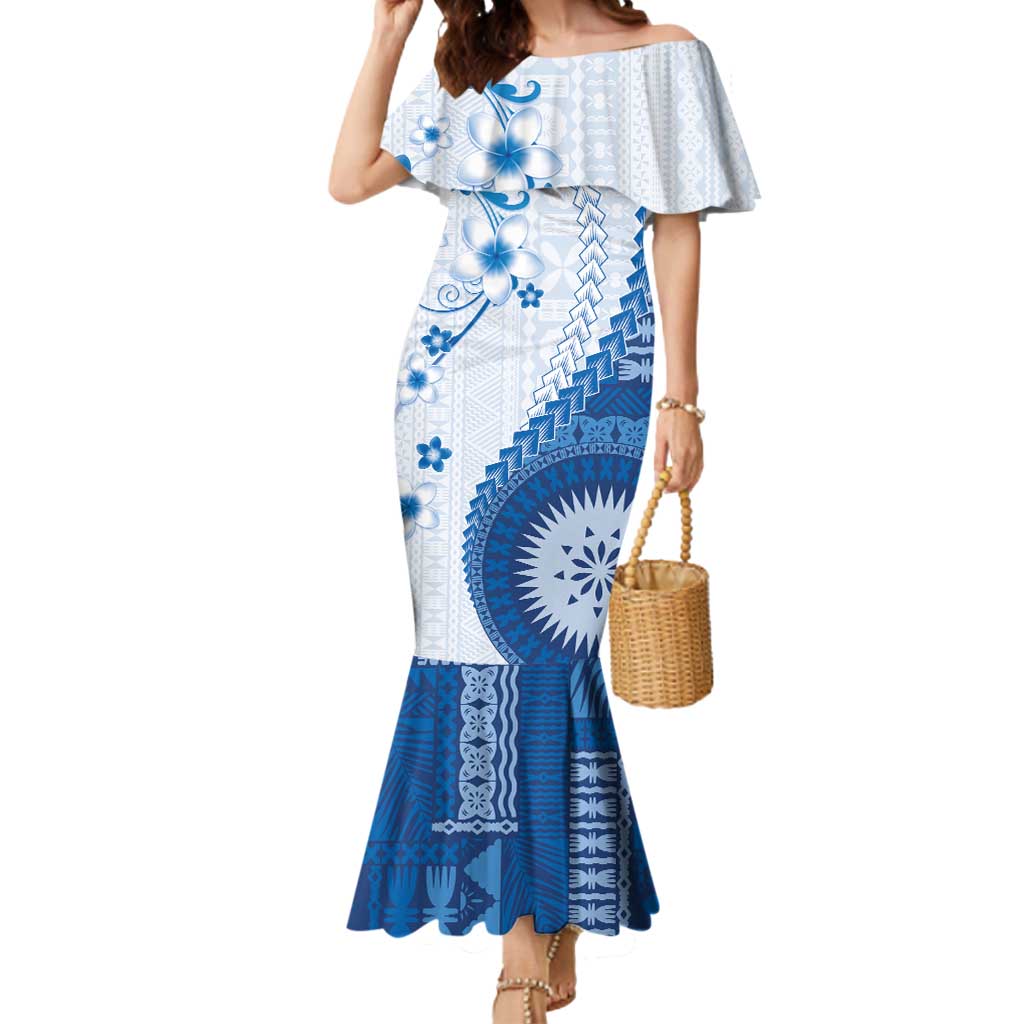 Bula Fiji Mermaid Dress Blue Plumeria Masi Tapa Pattern - Polynesian Pride