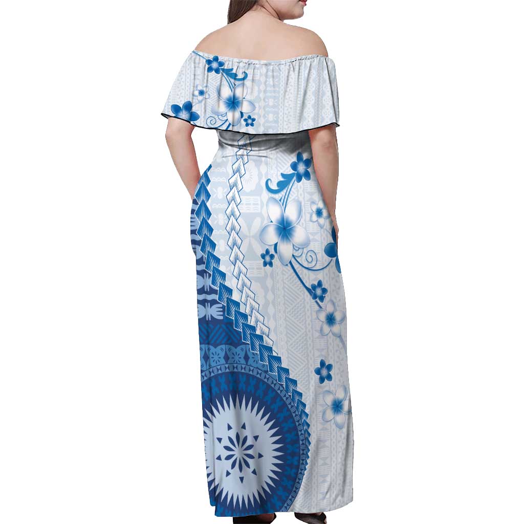Bula Fiji Off Shoulder Maxi Dress Blue Plumeria Masi Tapa Pattern LT05 - Polynesian Pride