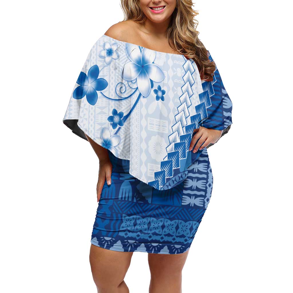 Bula Fiji Off Shoulder Short Dress Blue Plumeria Masi Tapa Pattern LT05 Women Blue - Polynesian Pride