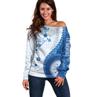 Bula Fiji Off Shoulder Sweater Blue Plumeria Masi Tapa Pattern LT05 Women Blue - Polynesian Pride