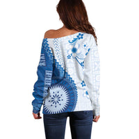 Bula Fiji Off Shoulder Sweater Blue Plumeria Masi Tapa Pattern LT05 - Polynesian Pride