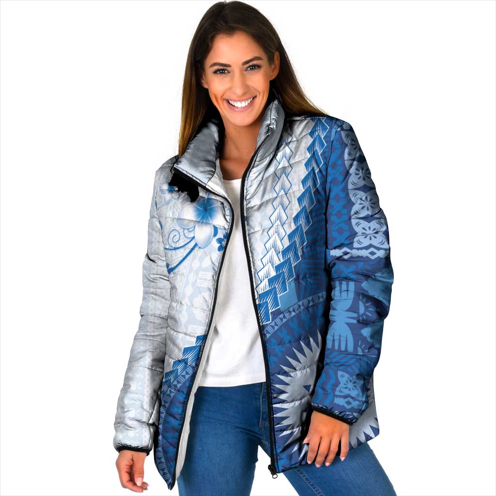 Bula Fiji Padded Jacket Blue Plumeria Masi Tapa Pattern - Polynesian Pride