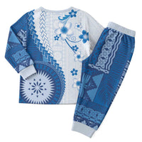 Bula Fiji Christmas Pajama Set Blue Plumeria Masi Tapa Pattern - Polynesian Pride