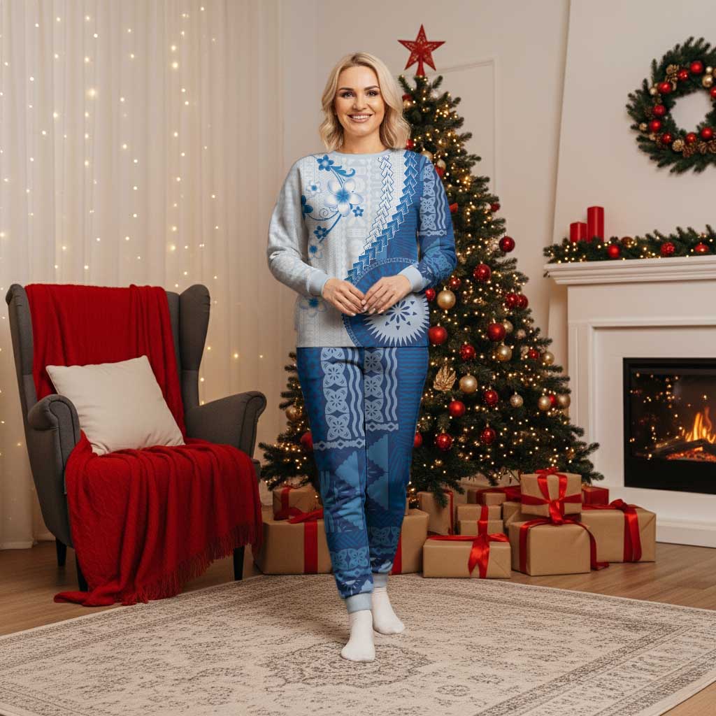 Bula Fiji Christmas Pajama Set Blue Plumeria Masi Tapa Pattern - Polynesian Pride