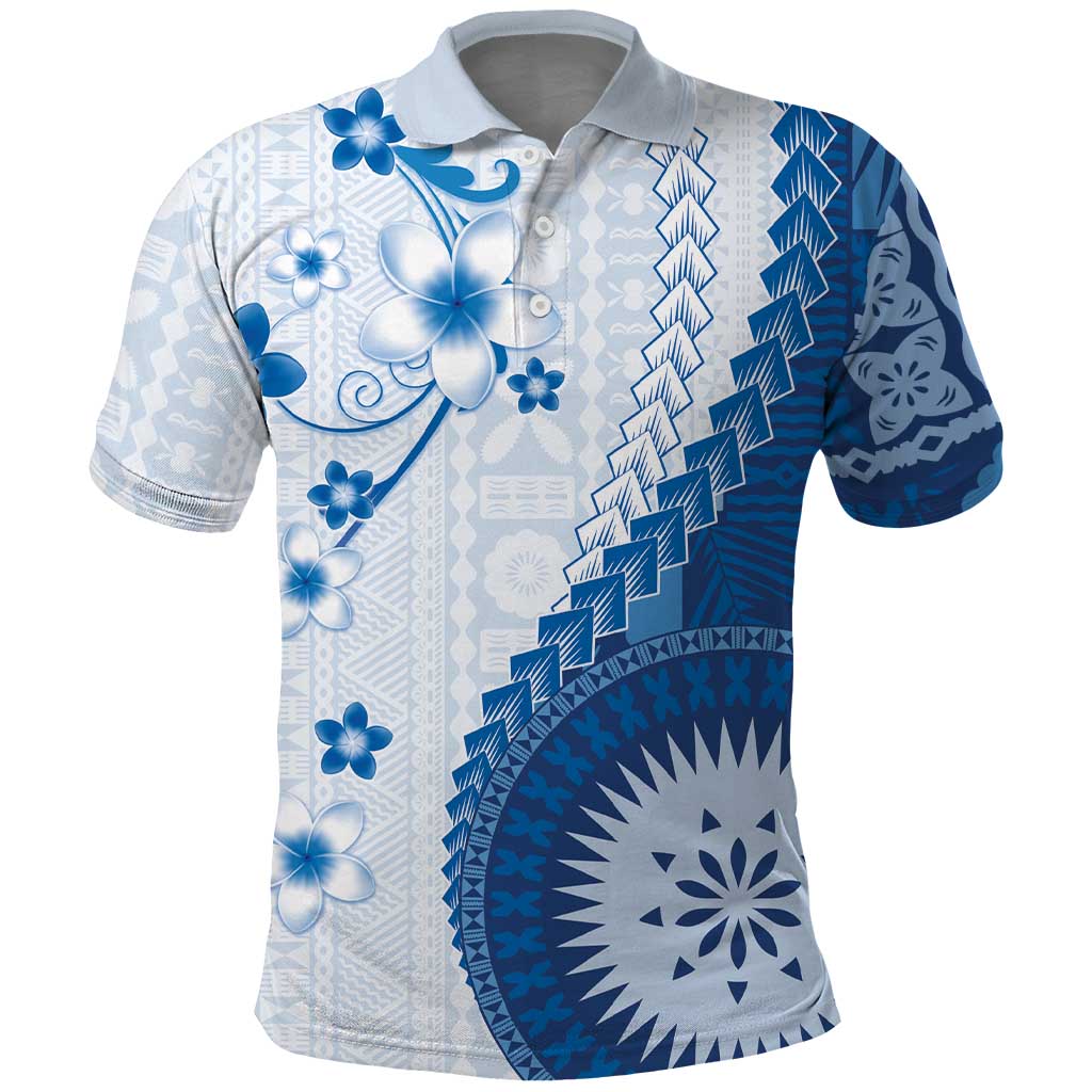 Bula Fiji Polo Shirt Blue Plumeria Masi Tapa Pattern - Polynesian Pride