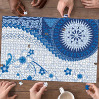 Bula Fiji Puzzle Blue Plumeria Masi Tapa Pattern - Polynesian Pride