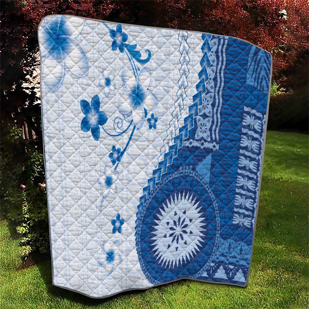 Bula Fiji Quilt Blue Plumeria Masi Tapa Pattern - Polynesian Pride