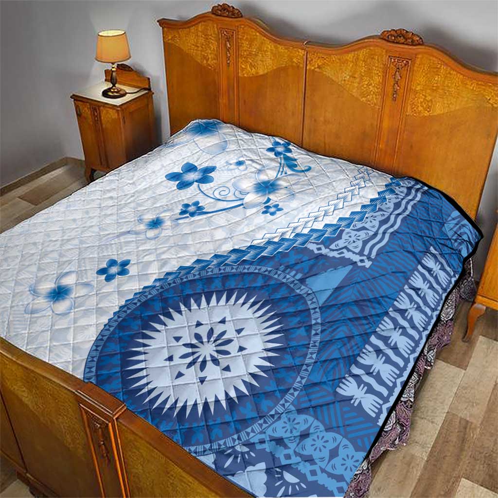 Bula Fiji Quilt Blue Plumeria Masi Tapa Pattern - Polynesian Pride