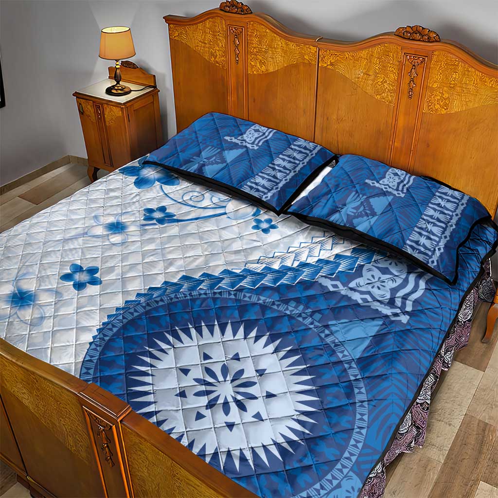 Bula Fiji Quilt Bed Set Blue Plumeria Masi Tapa Pattern - Polynesian Pride