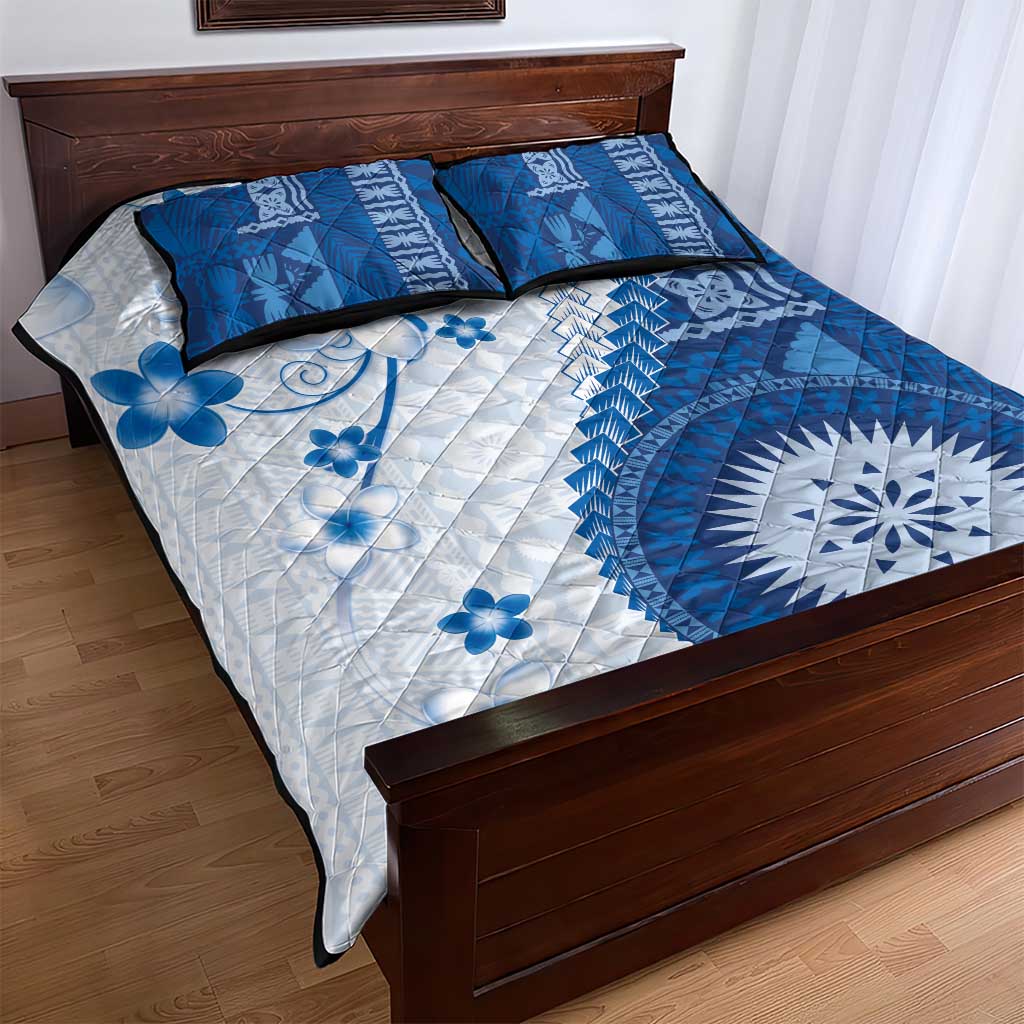 Bula Fiji Quilt Bed Set Blue Plumeria Masi Tapa Pattern - Polynesian Pride