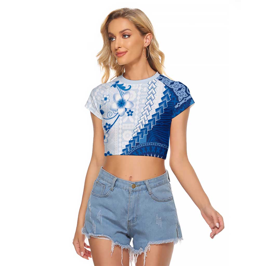 Bula Fiji Raglan Cropped T Shirt Blue Plumeria Masi Tapa Pattern - Polynesian Pride