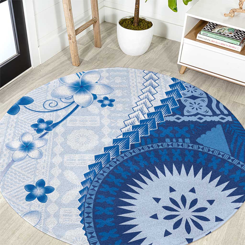 Bula Fiji Round Carpet Blue Plumeria Masi Tapa Pattern - Polynesian Pride