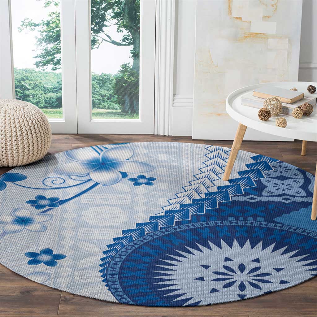 Bula Fiji Round Carpet Blue Plumeria Masi Tapa Pattern - Polynesian Pride