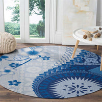 Bula Fiji Round Carpet Blue Plumeria Masi Tapa Pattern - Polynesian Pride