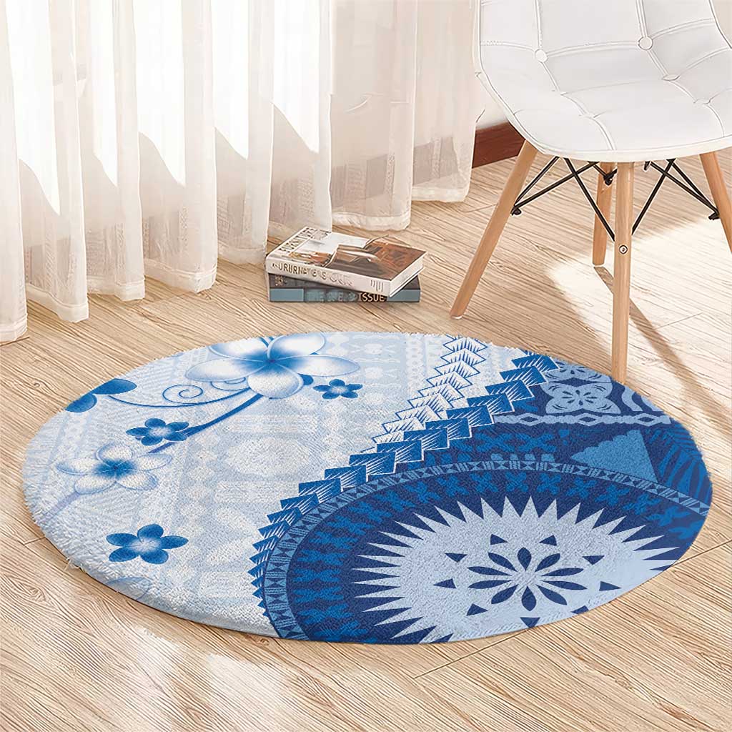 Bula Fiji Round Carpet Blue Plumeria Masi Tapa Pattern - Polynesian Pride