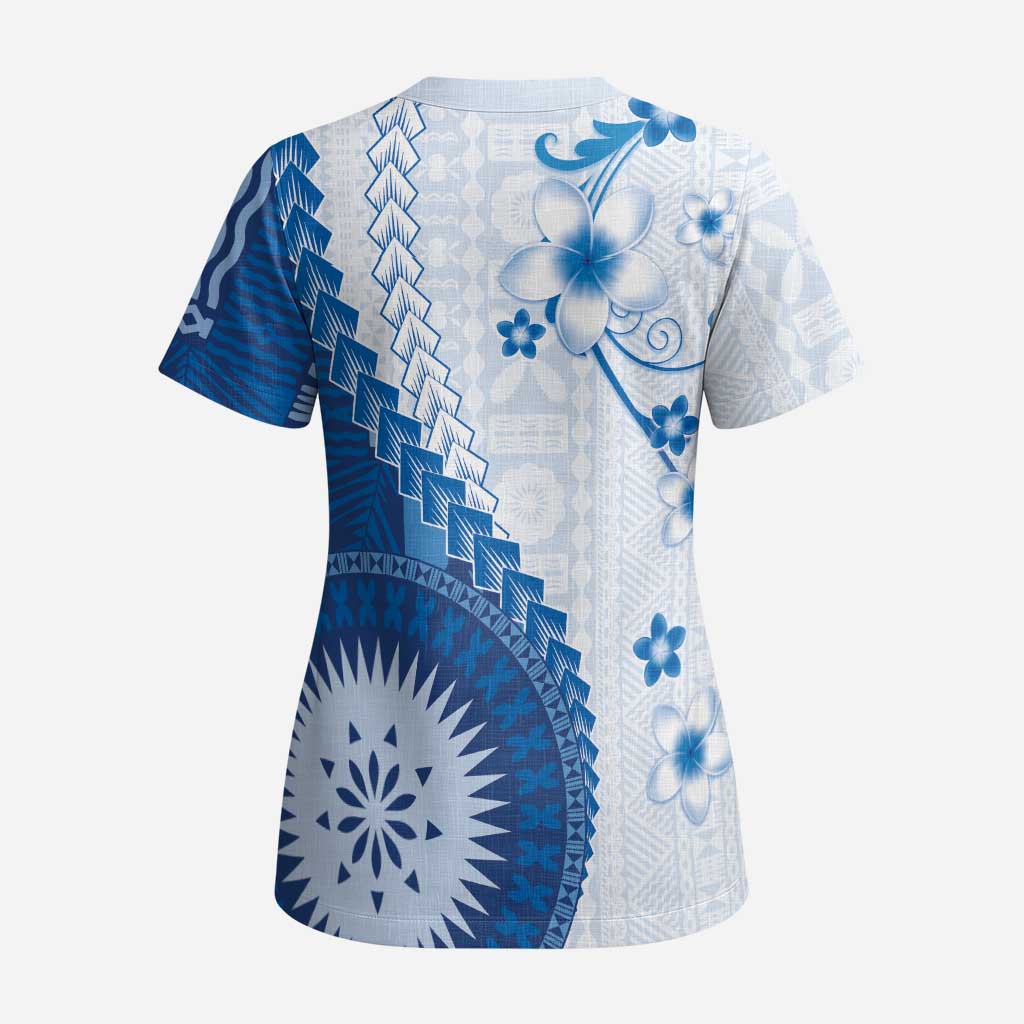 Bula Fiji Scrub Top Blue Plumeria Masi Tapa Pattern - Polynesian Pride