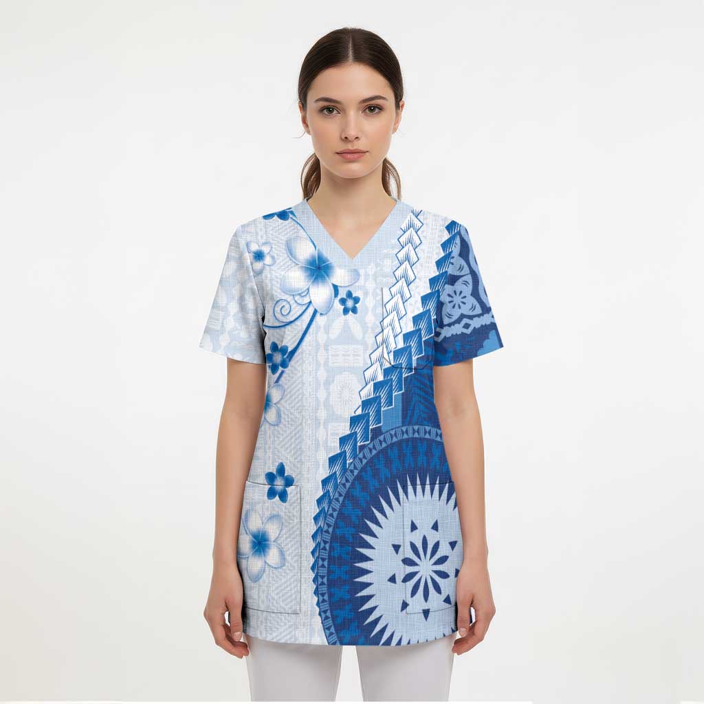 Bula Fiji Scrub Top Blue Plumeria Masi Tapa Pattern - Polynesian Pride