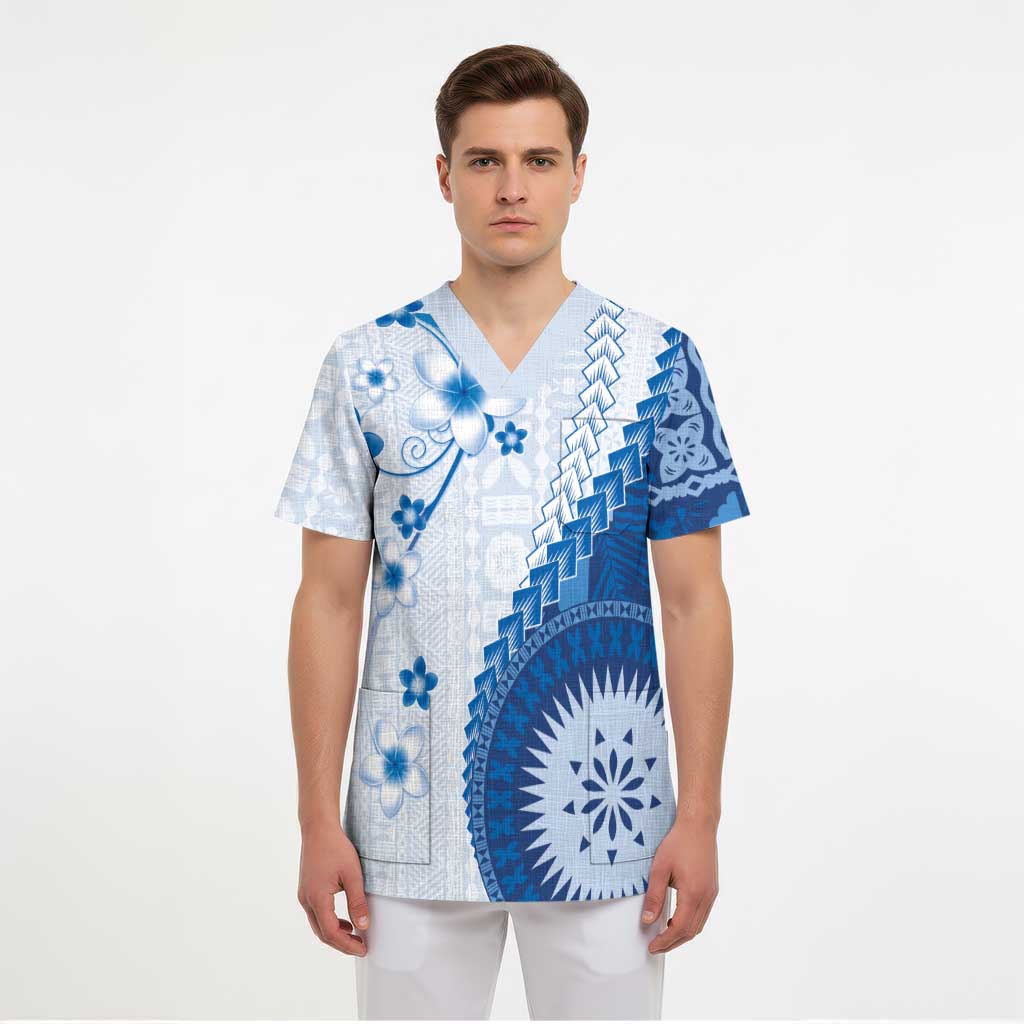 Bula Fiji Scrub Top Blue Plumeria Masi Tapa Pattern - Polynesian Pride