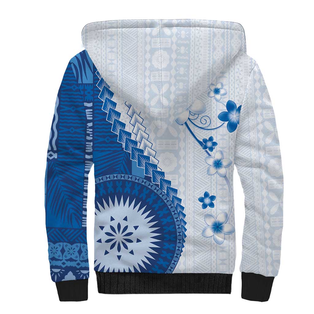 Bula Fiji Sherpa Hoodie Blue Plumeria Masi Tapa Pattern - Polynesian Pride