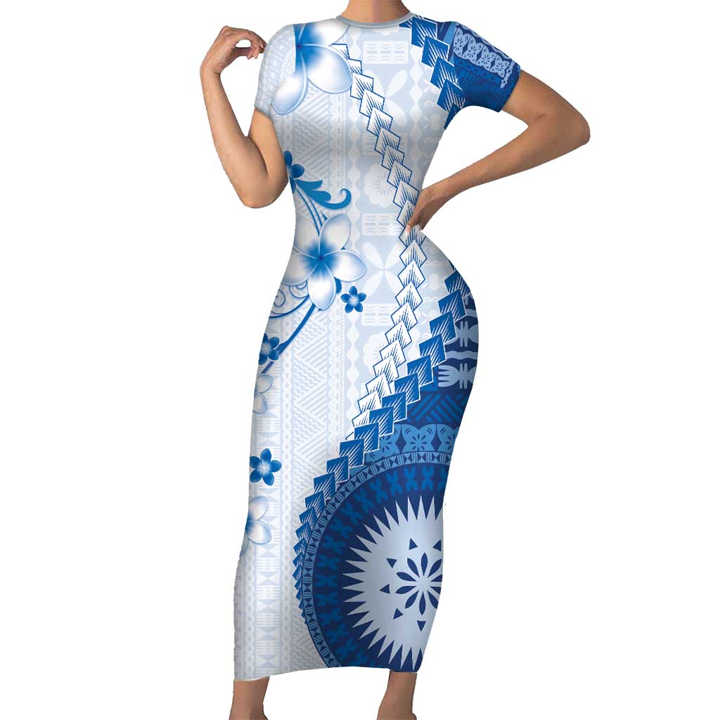 Bula Fiji Short Sleeve Bodycon Dress Blue Plumeria Masi Tapa Pattern - Polynesian Pride
