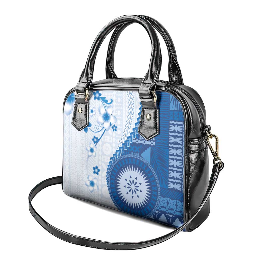 Bula Fiji Shoulder Handbag Blue Plumeria Masi Tapa Pattern - Polynesian Pride