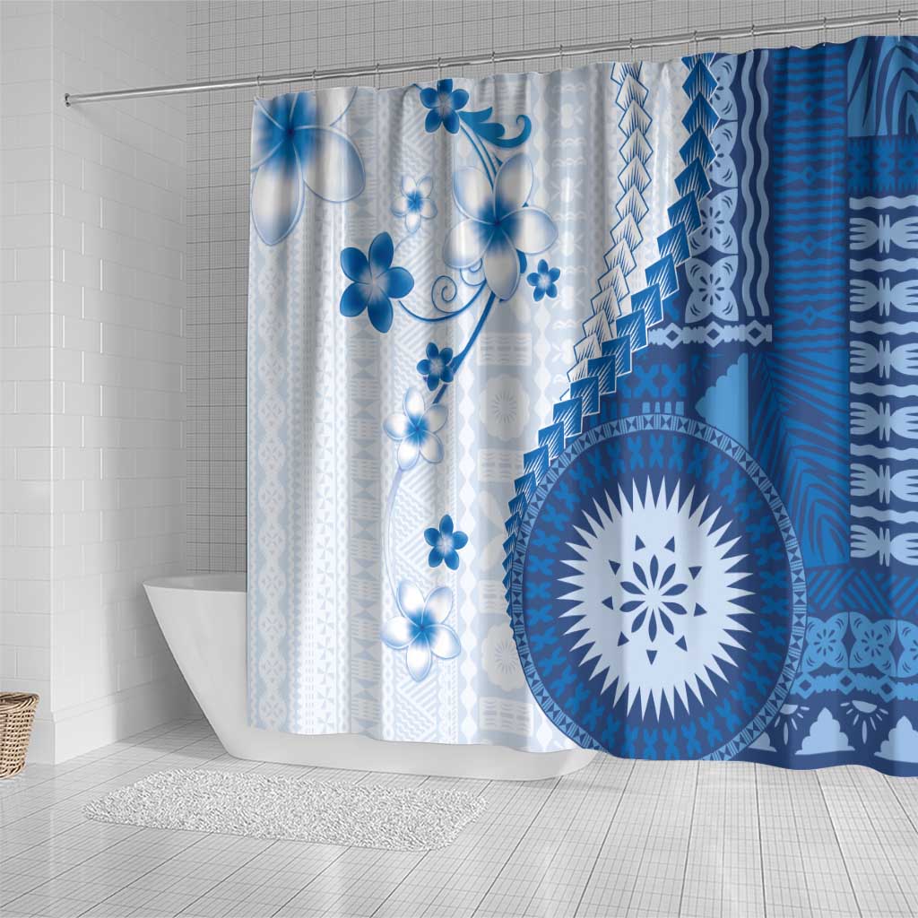 Bula Fiji Shower Curtain Blue Plumeria Masi Tapa Pattern - Polynesian Pride
