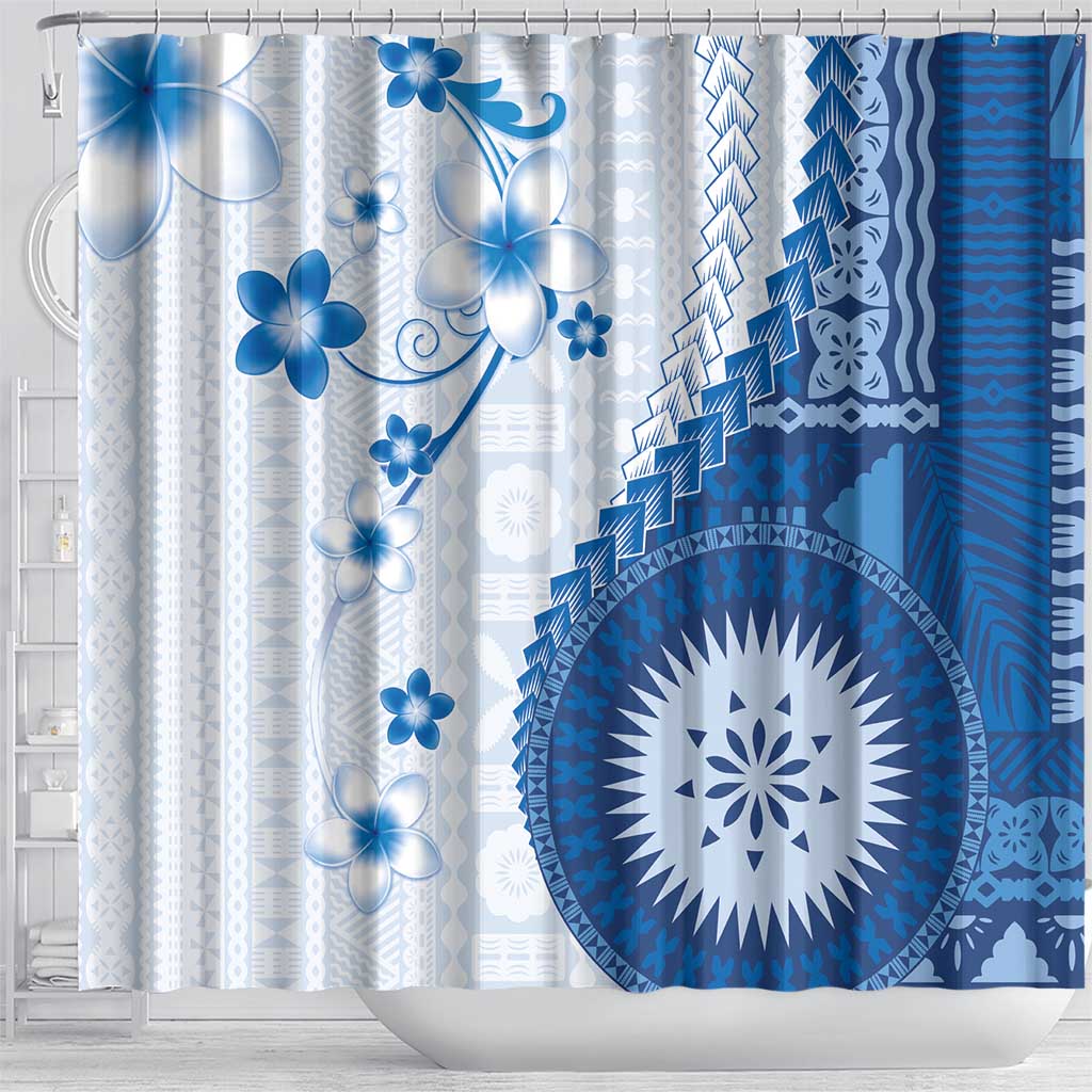 Bula Fiji Shower Curtain Blue Plumeria Masi Tapa Pattern - Polynesian Pride