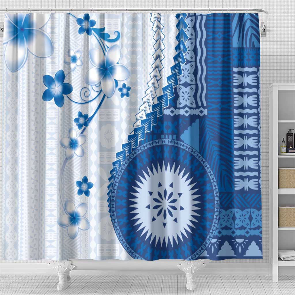 Bula Fiji Shower Curtain Blue Plumeria Masi Tapa Pattern - Polynesian Pride