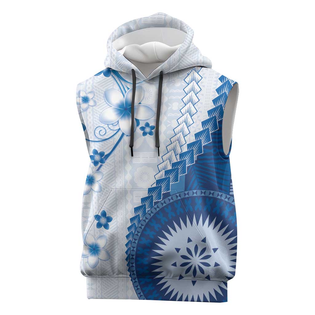 Bula Fiji Sleeveless Hoodie Blue Plumeria Masi Tapa Pattern - Polynesian Pride