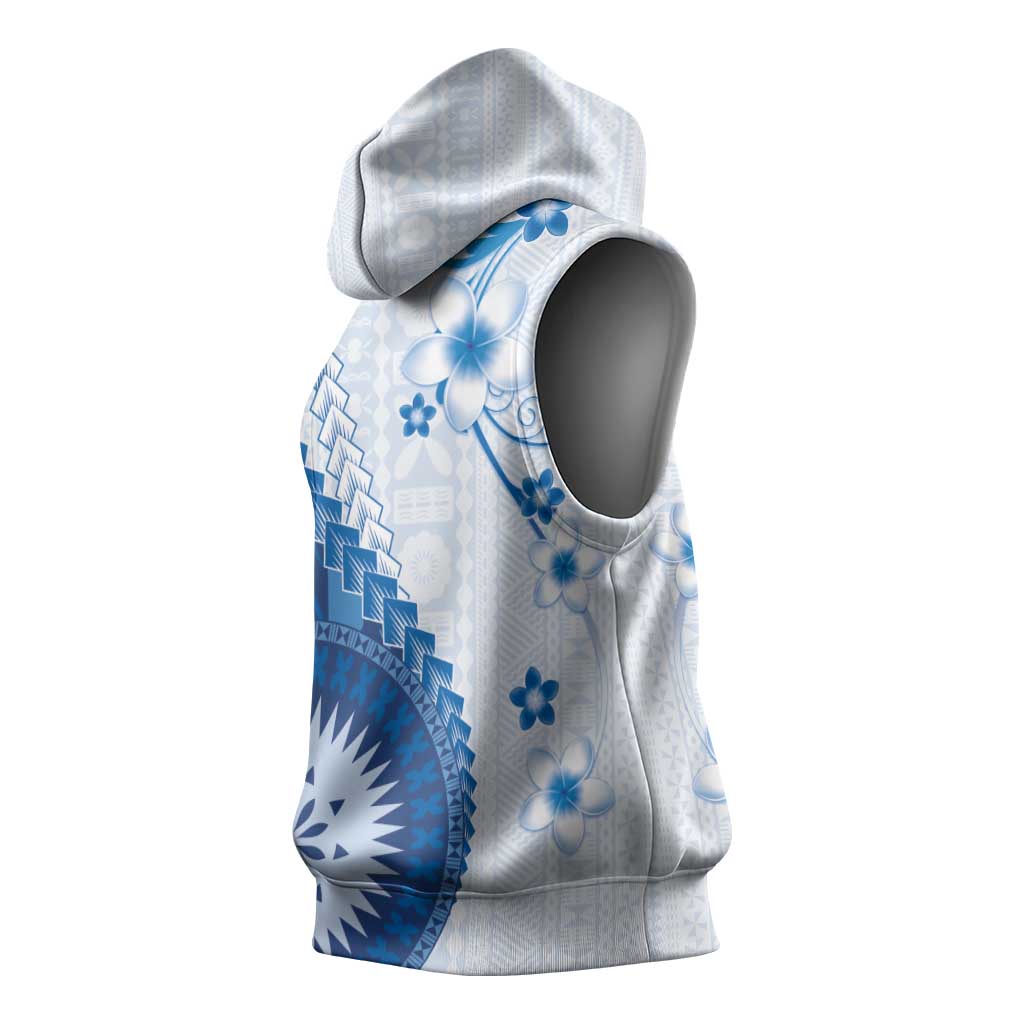 Bula Fiji Sleeveless Hoodie Blue Plumeria Masi Tapa Pattern - Polynesian Pride