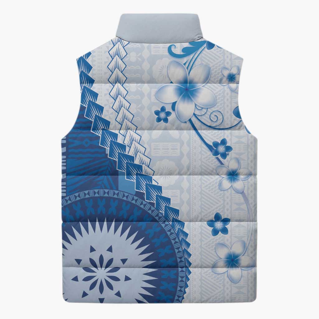 Bula Fiji Sleeveless Puffer Jacket Blue Plumeria Masi Tapa Pattern - Polynesian Pride