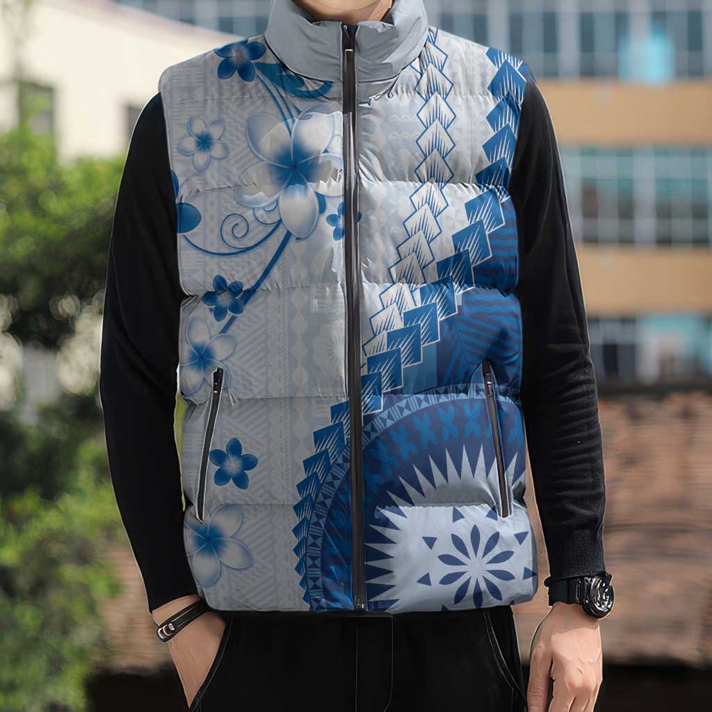 Bula Fiji Sleeveless Puffer Jacket Blue Plumeria Masi Tapa Pattern - Polynesian Pride