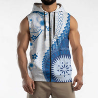 Bula Fiji Sleeveless Zip Hoodie Blue Plumeria Masi Tapa Pattern - Polynesian Pride