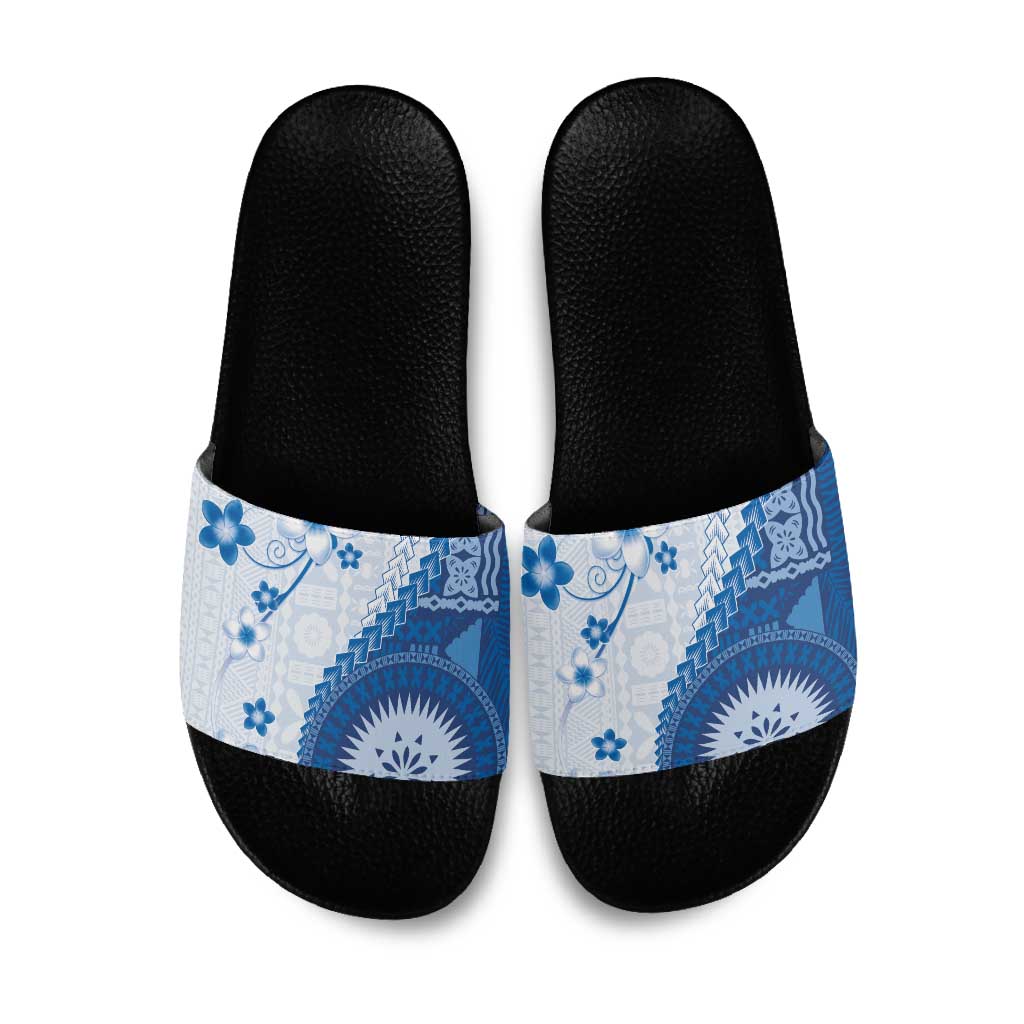 Bula Fiji Slide Sandals Blue Plumeria Masi Tapa Pattern - Polynesian Pride