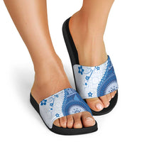 Bula Fiji Slide Sandals Blue Plumeria Masi Tapa Pattern - Polynesian Pride